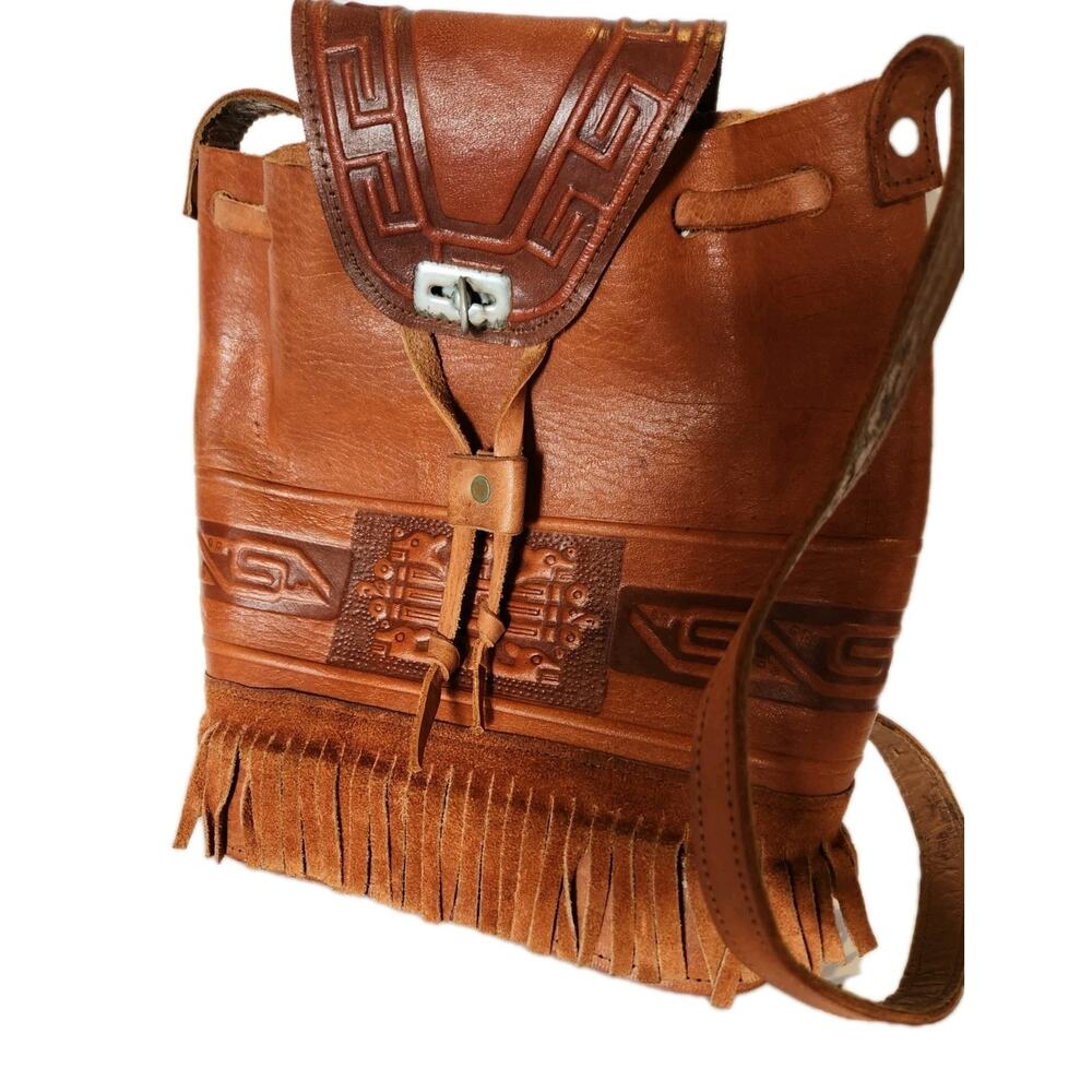 VINTAGE 70's Hippy BOHO Tooled FESTIVAL LEATHER Fringed Bag Purse Aztec Style